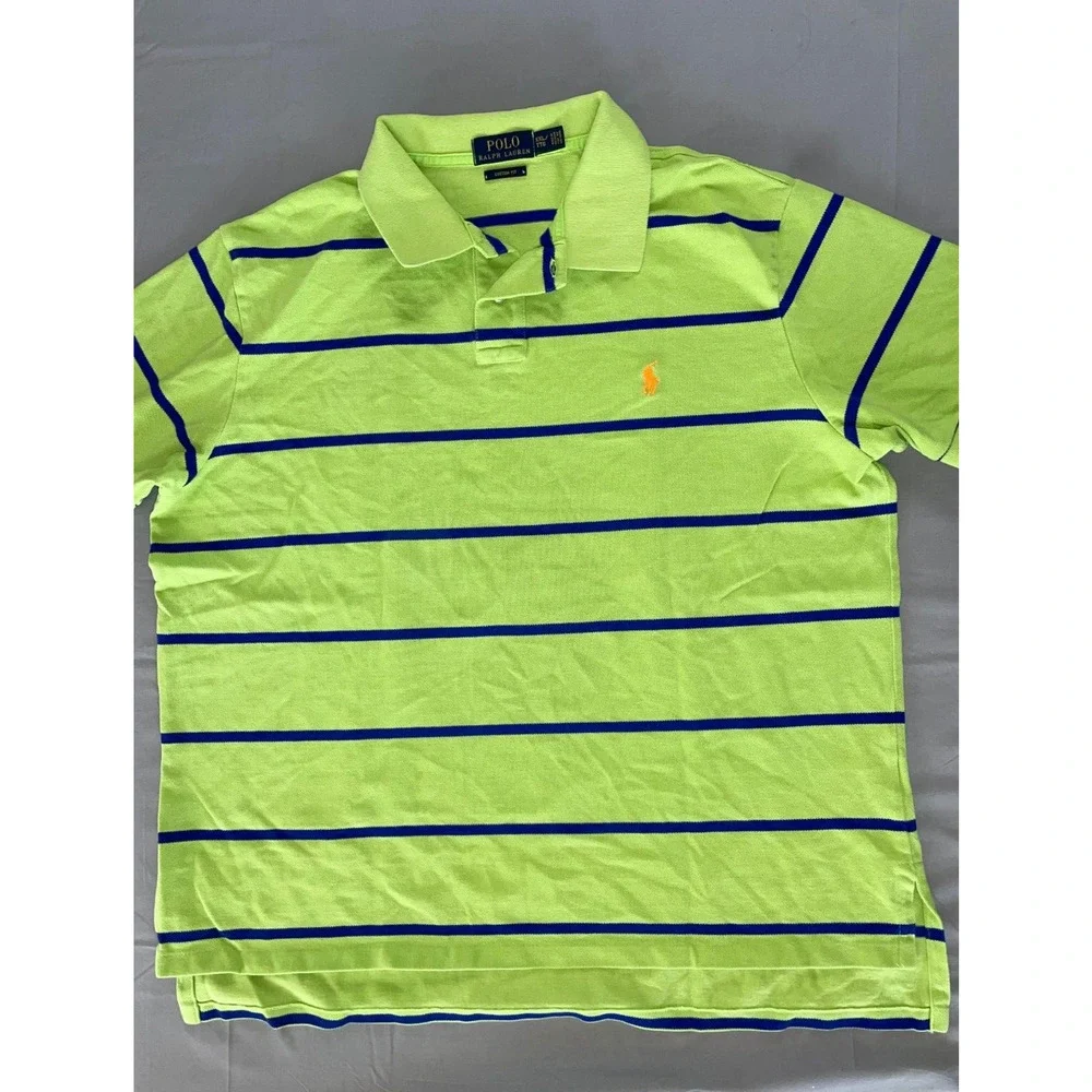 Ralph Lauren Custom Fit Pique Cotton Polo Shirt. Green Stripe. Size XL, GUC!!